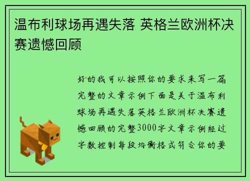 温布利球场再遇失落 英格兰欧洲杯决赛遗憾回顾